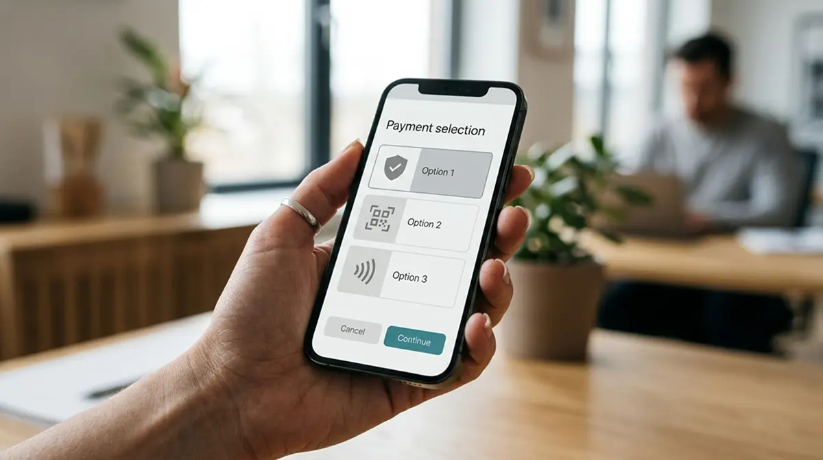 Smartphone-Bildschirm zeigt Auswahl verschiedener digitaler Zahlungsmethoden