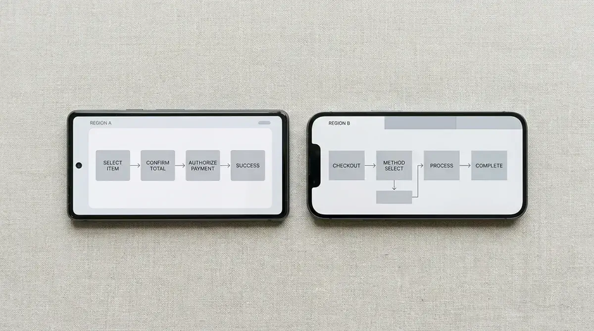 Zwei Smartphones nebeneinander zeigen unterschiedliche Zahlungsabläufe in verschiedenen Märkten